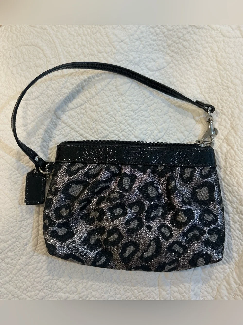 Coach Black and Silver Leopard Print Wristlet